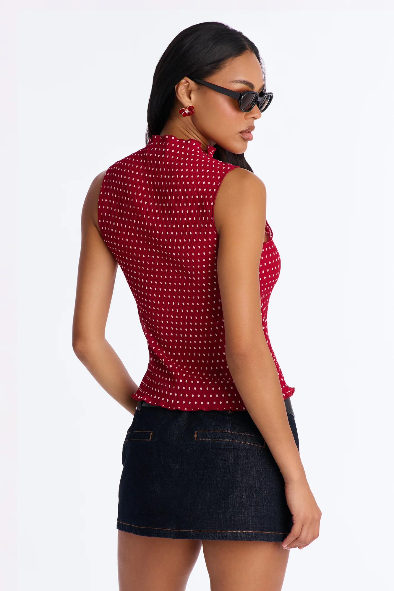 Into Paradise Mock Neck Polka Dot Plisse Top - Red/combo - Image 4