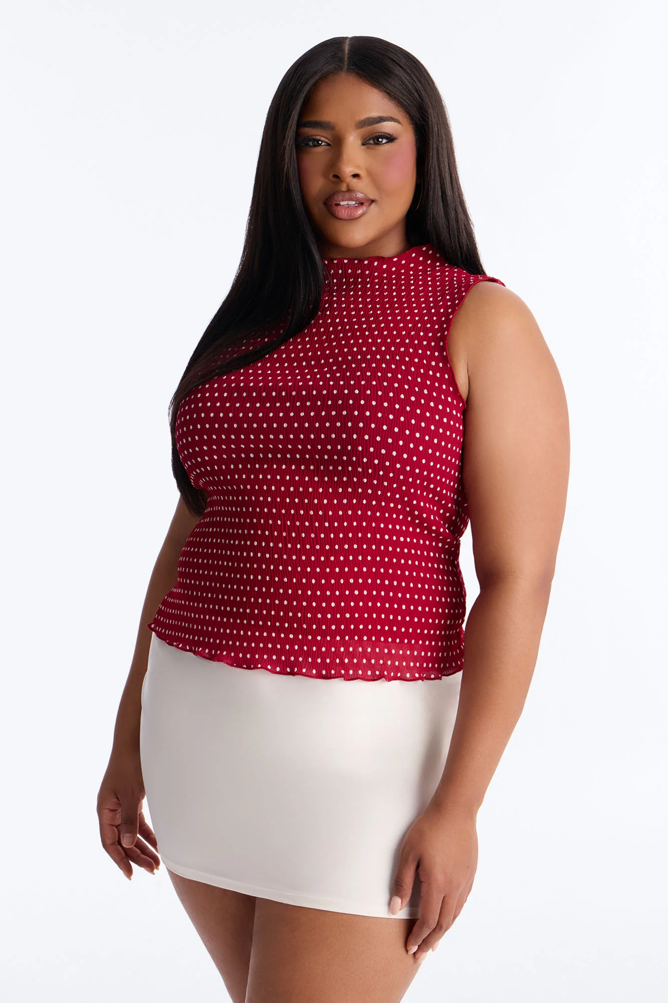 Into Paradise Mock Neck Polka Dot Plisse Top - Red/combo - Image 5