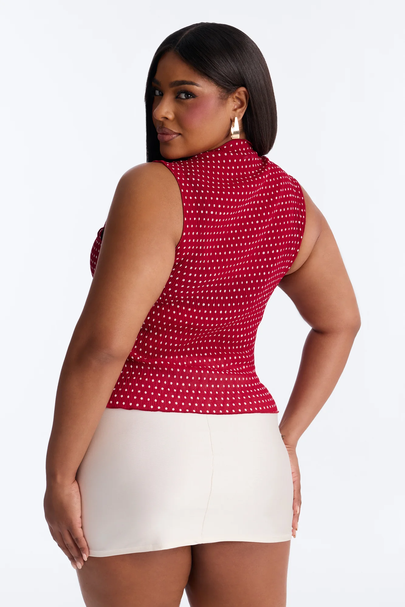 Into Paradise Mock Neck Polka Dot Plisse Top - Red/combo - Image 7