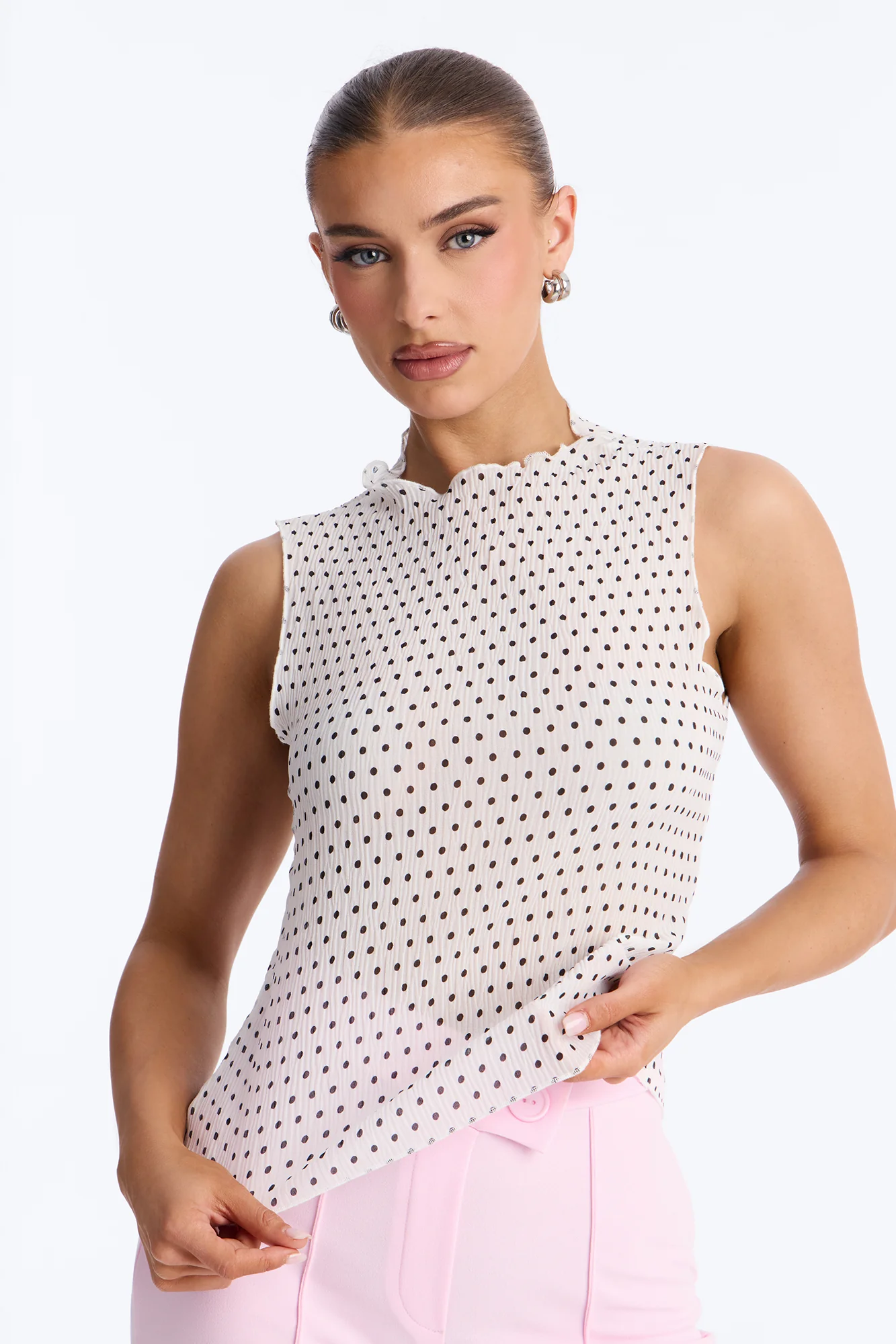 Into Paradise Mock Neck Polka Dot Plisse Top - White/combo - Image 3
