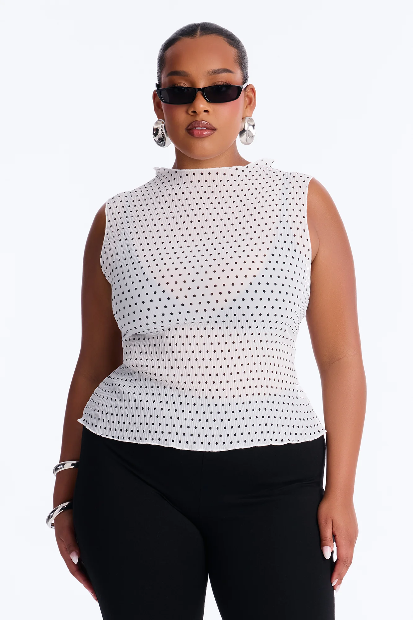 Into Paradise Mock Neck Polka Dot Plisse Top - White/combo - Image 5
