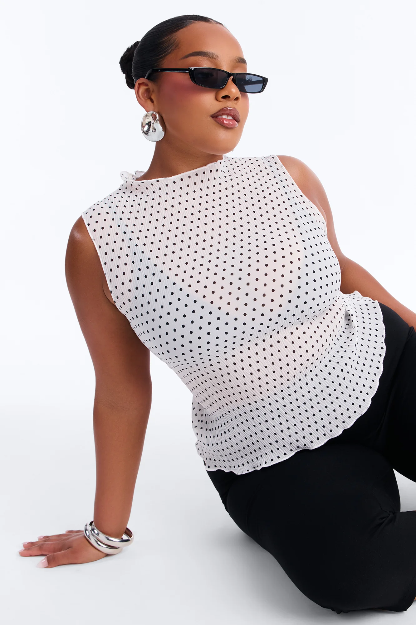 Into Paradise Mock Neck Polka Dot Plisse Top - White/combo - Image 7