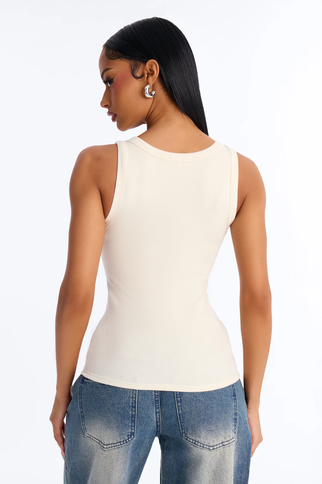 Irene Rib Scoop Neck Tank Top - Cream - Image 5