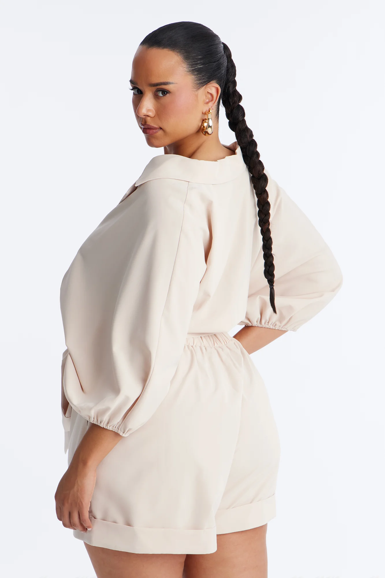 Irina Plunge Neck Romper - Beige - Image 8