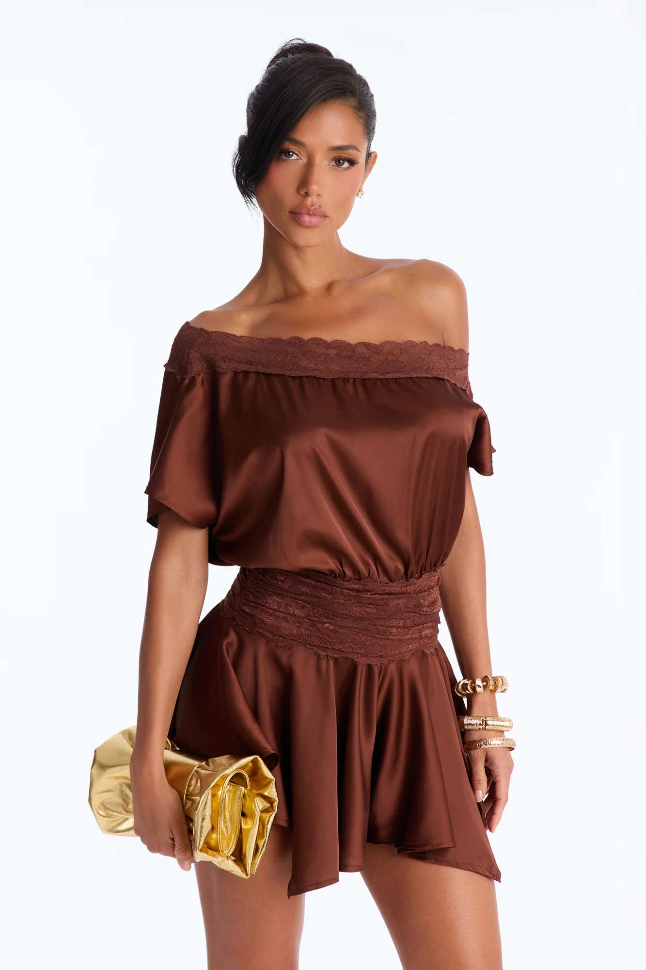 Irina Satin Off Shoulder Lace Romper - Chocolate