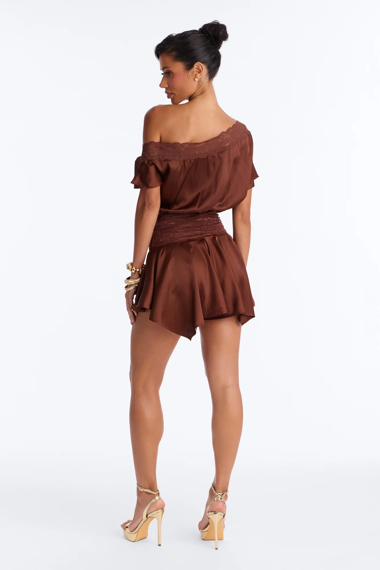 Irina Satin Off Shoulder Lace Romper - Chocolate - Image 4