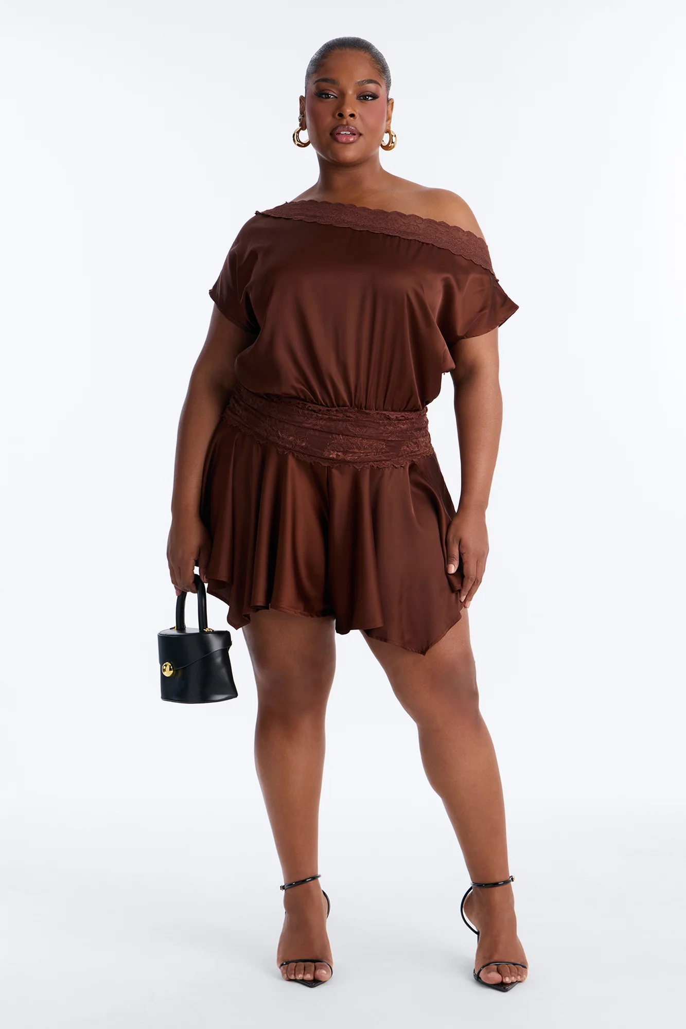 Irina Satin Off Shoulder Lace Romper - Chocolate - Image 5
