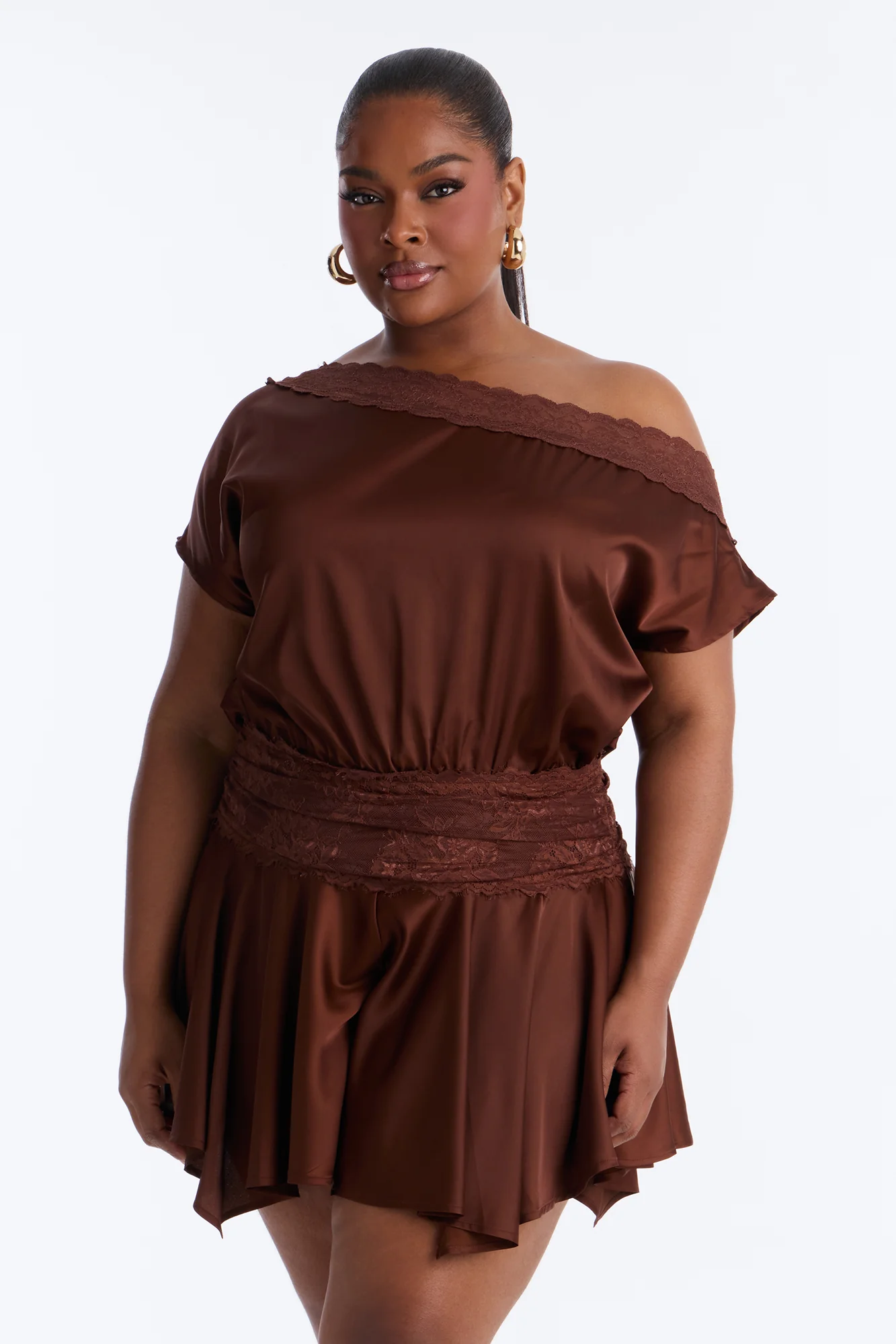 Irina Satin Off Shoulder Lace Romper - Chocolate - Image 6
