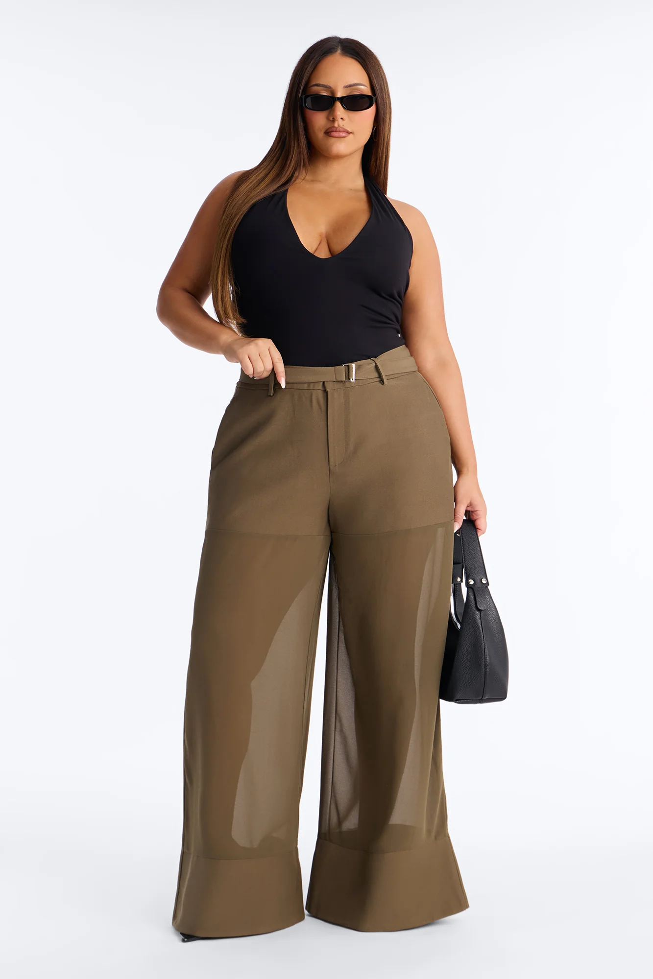 Irma Chiffon Wide Leg Pant 32″ - Military Green - Image 5