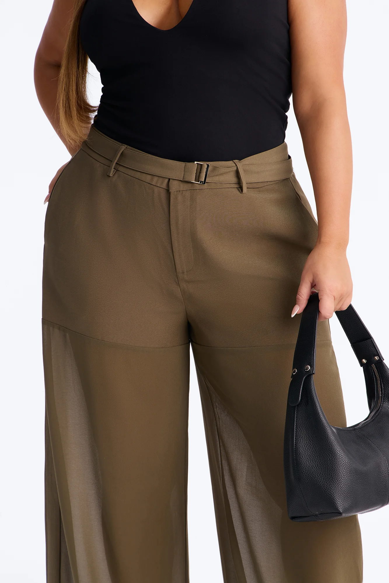 Irma Chiffon Wide Leg Pant 32″ - Military Green - Image 7