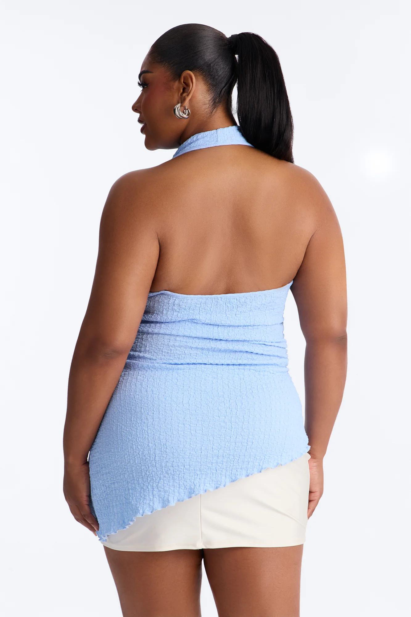 Isa Textured Cowl Neck Asymmetrical Halter Top - Light Blue - Image 8