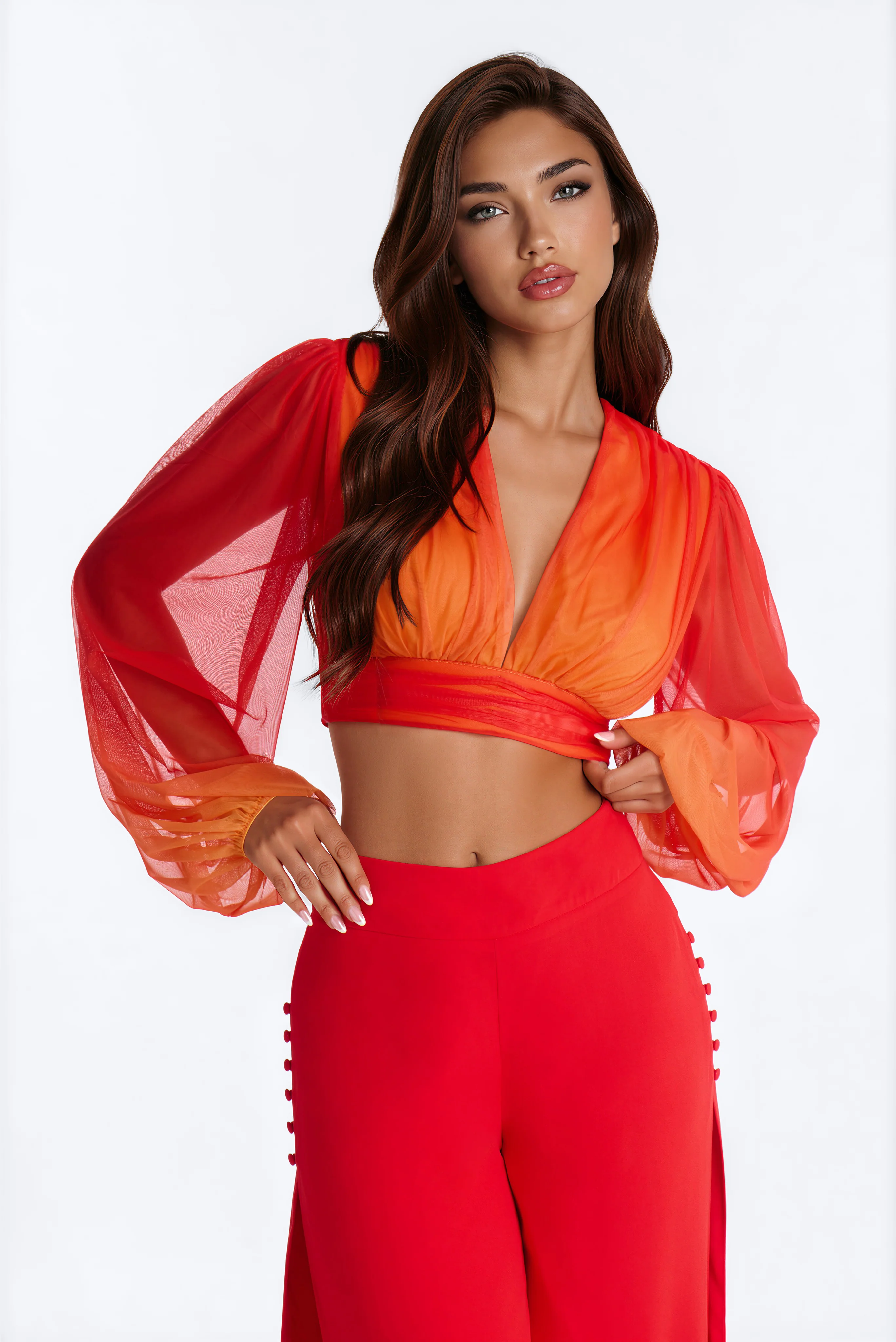 Isabela Ombre Mesh Long Sleeve Crop Top - Orange/combo