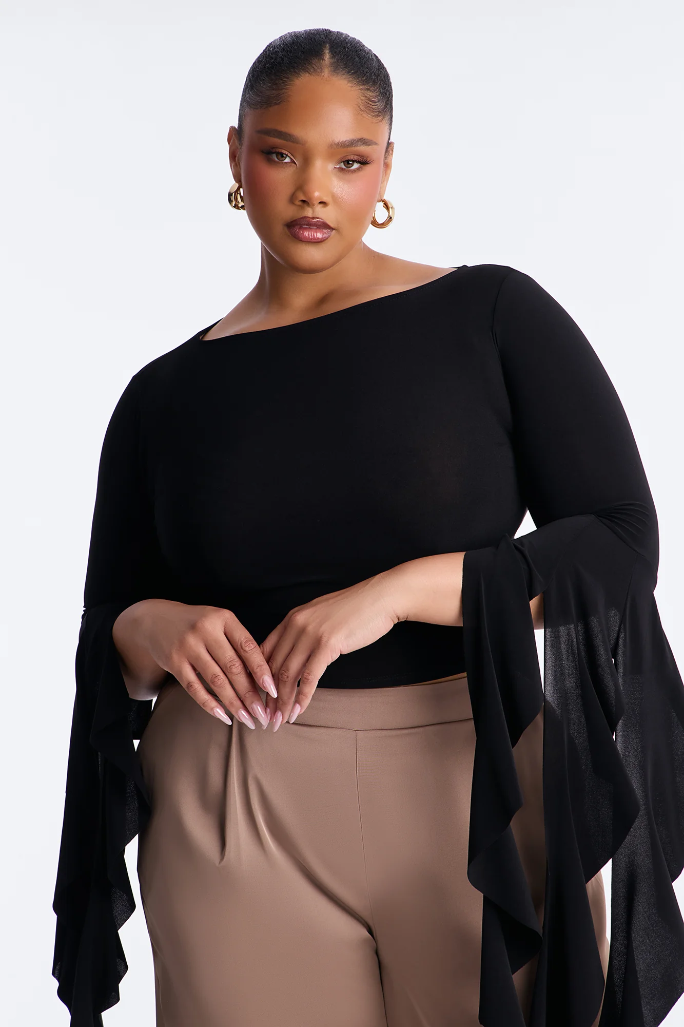 Isabella Boat Neck Ruffle Long Sleeve Top - Black - Image 6