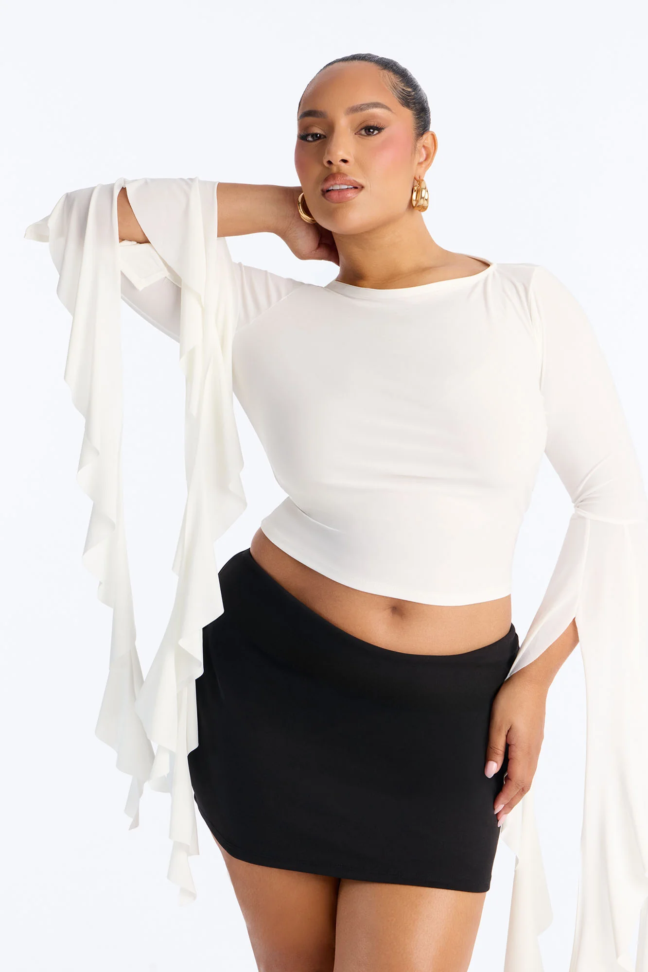 Isabella Boat Neck Ruffle Long Sleeve Top - White - Image 5