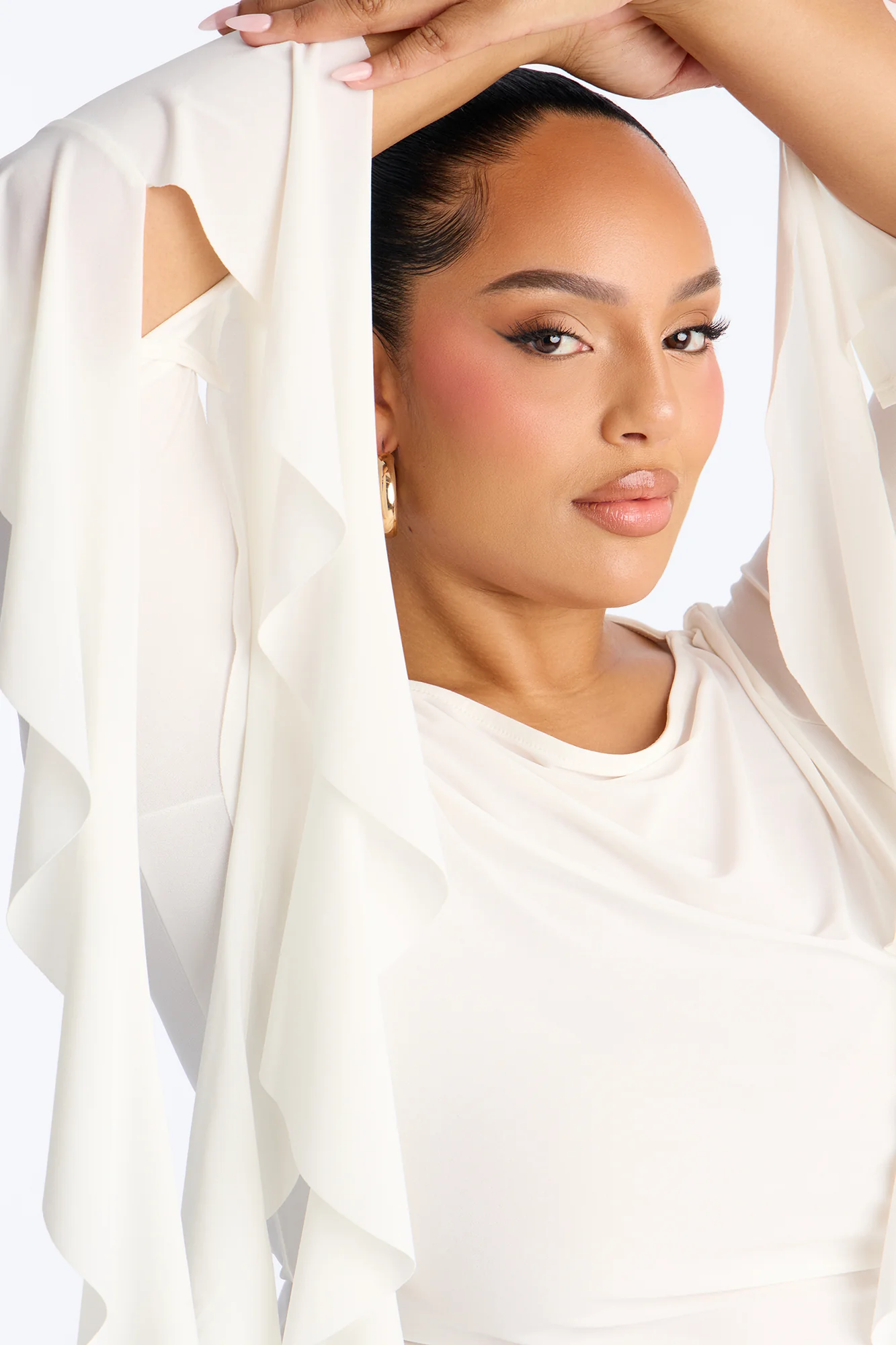 Isabella Boat Neck Ruffle Long Sleeve Top - White - Image 7