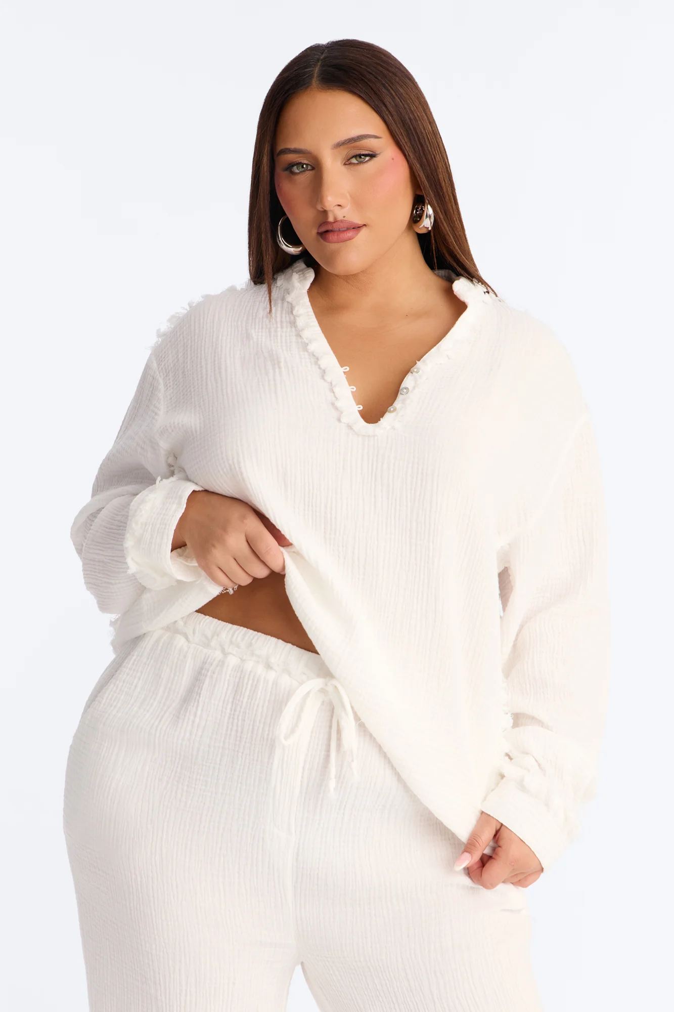 Isabella Gauze Wide Leg Pant Set - White - Image 6