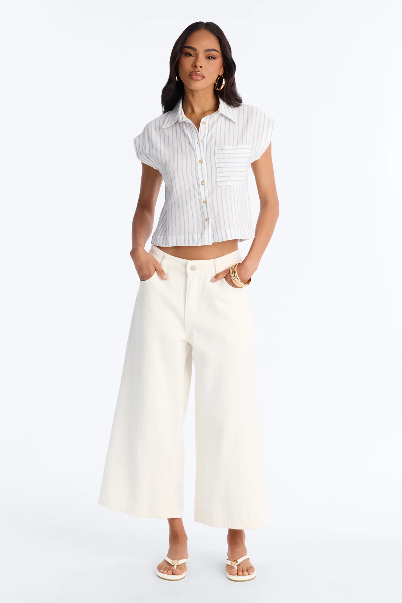 Isabelle Pinstripe Short Sleeve Button Up Shirt - Blue - Image 2