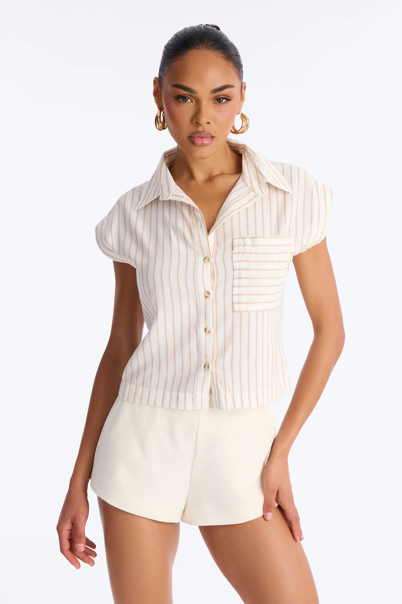 Isabelle Pinstripe Short Sleeve Button Up Shirt - Taupe