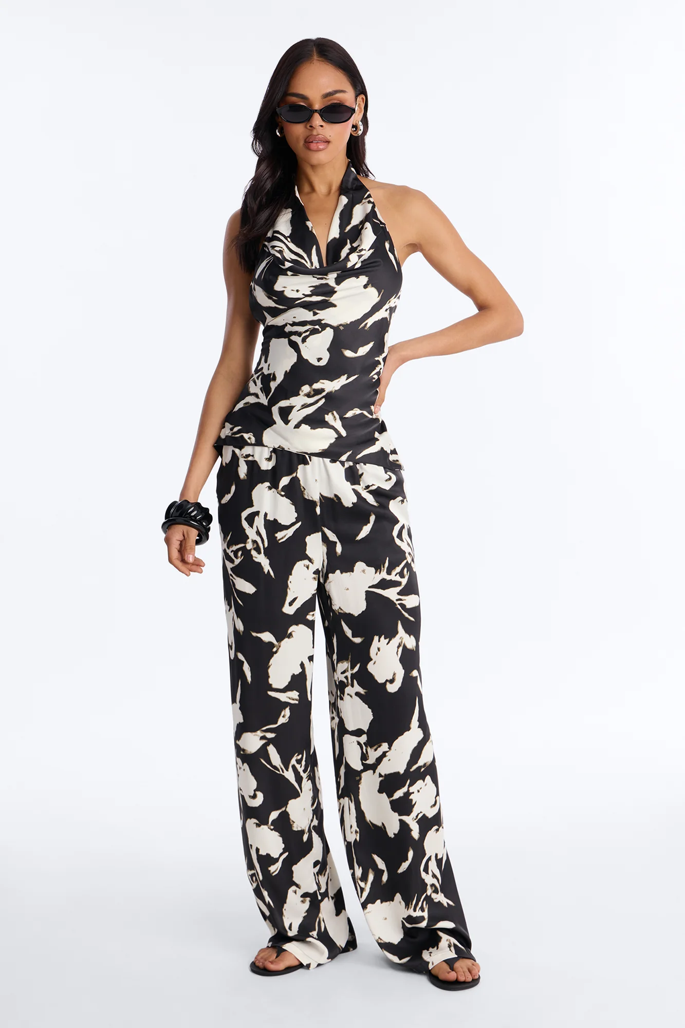 Isabelle Printed Halter Cowl Neck Pant Set - Black/combo