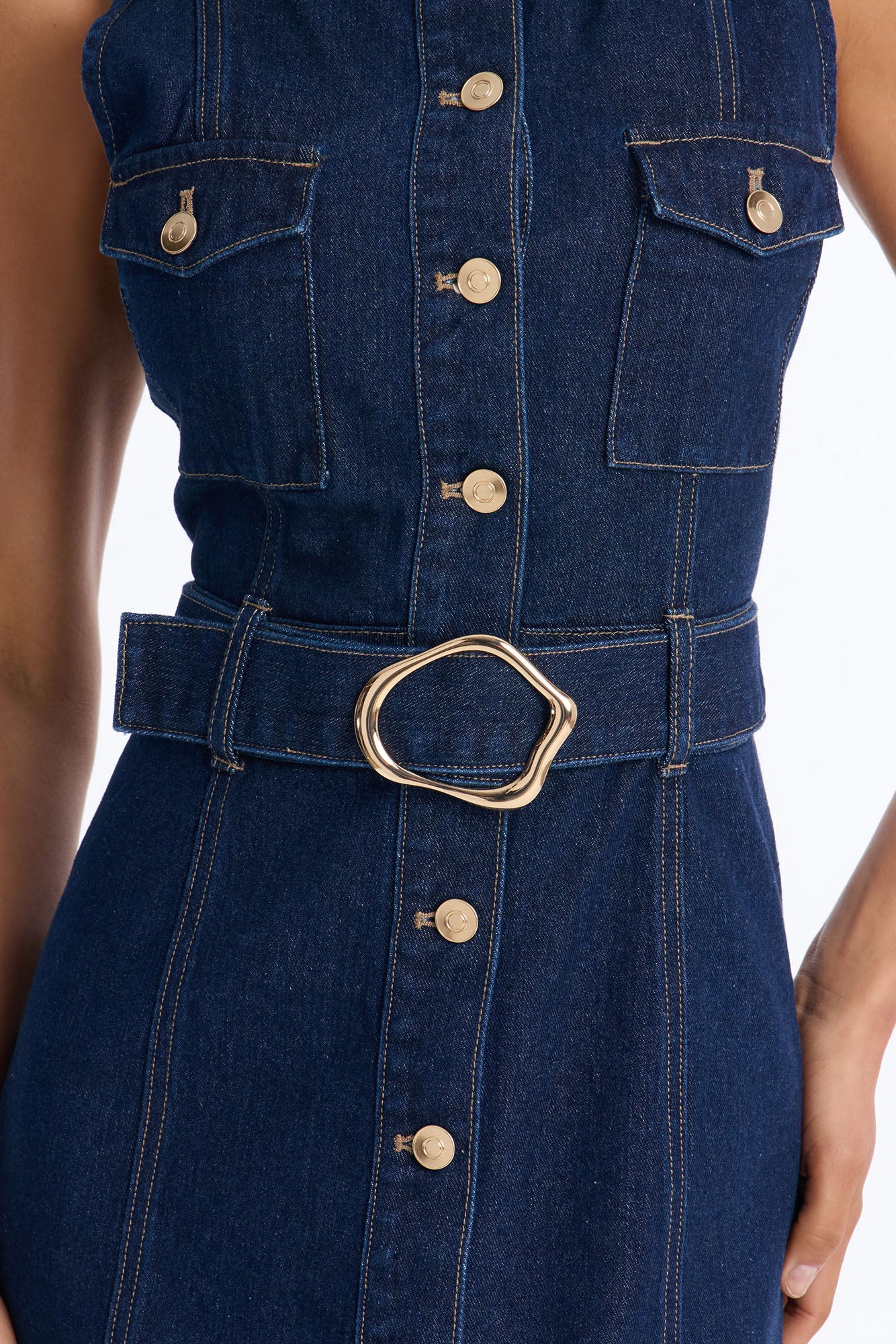 Isla Belted Denim Midi Dress - Dark Wash - Image 3