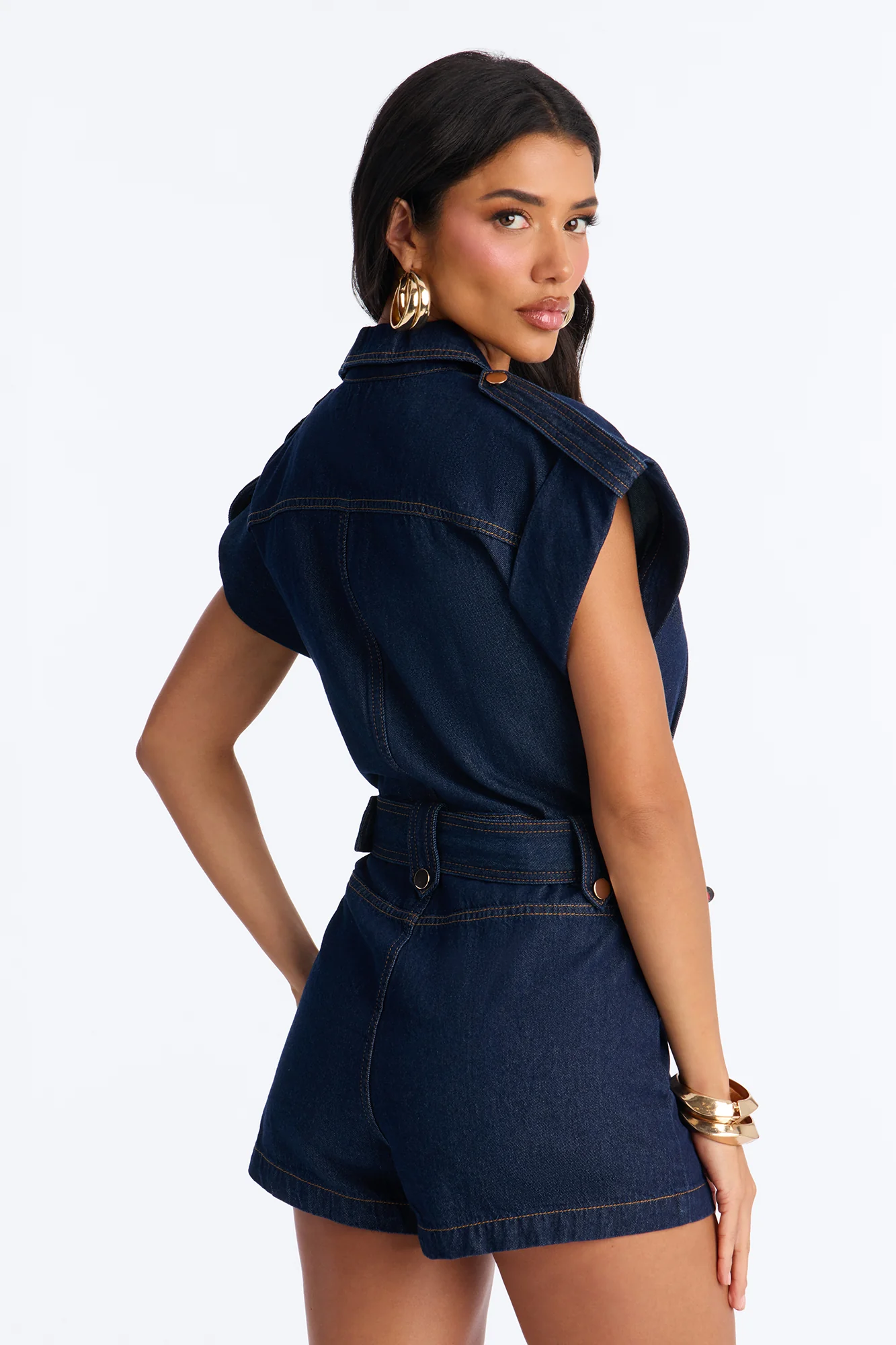 Isla Belted Denim Romper - Dark Wash - Image 4