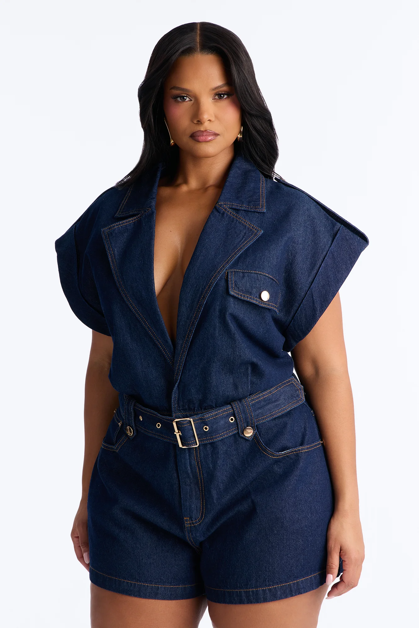 Isla Belted Denim Romper - Dark Wash - Image 5