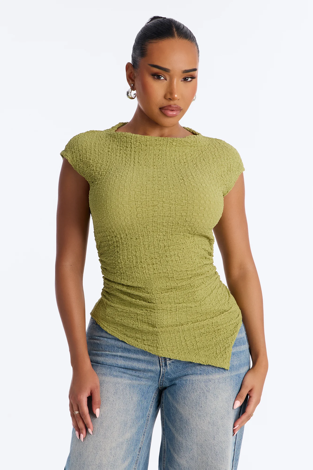 Isla Textured Mock Neck Asymmetrical Short Sleeve Top - Sage