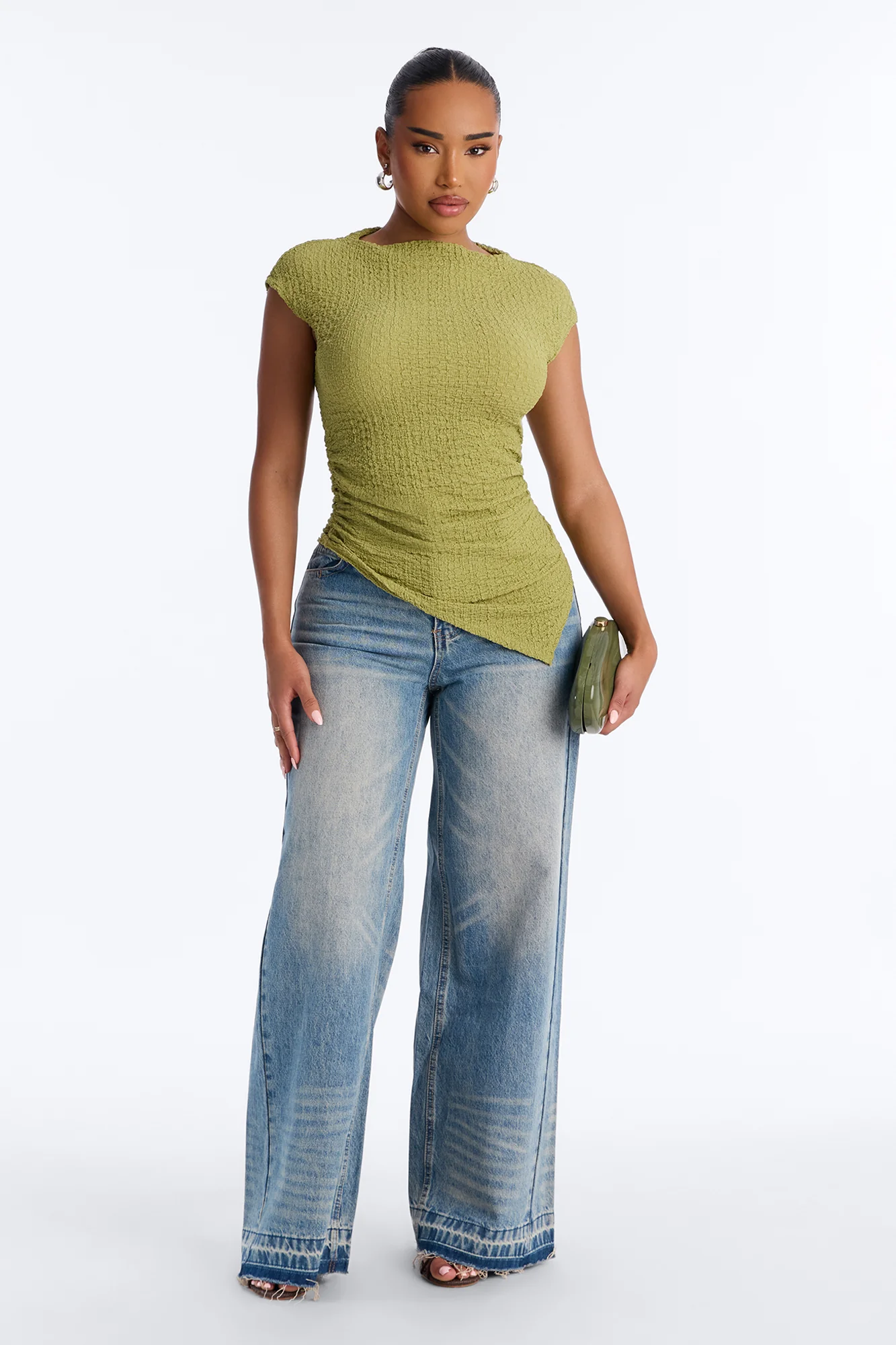 Isla Textured Mock Neck Asymmetrical Short Sleeve Top - Sage - Image 2