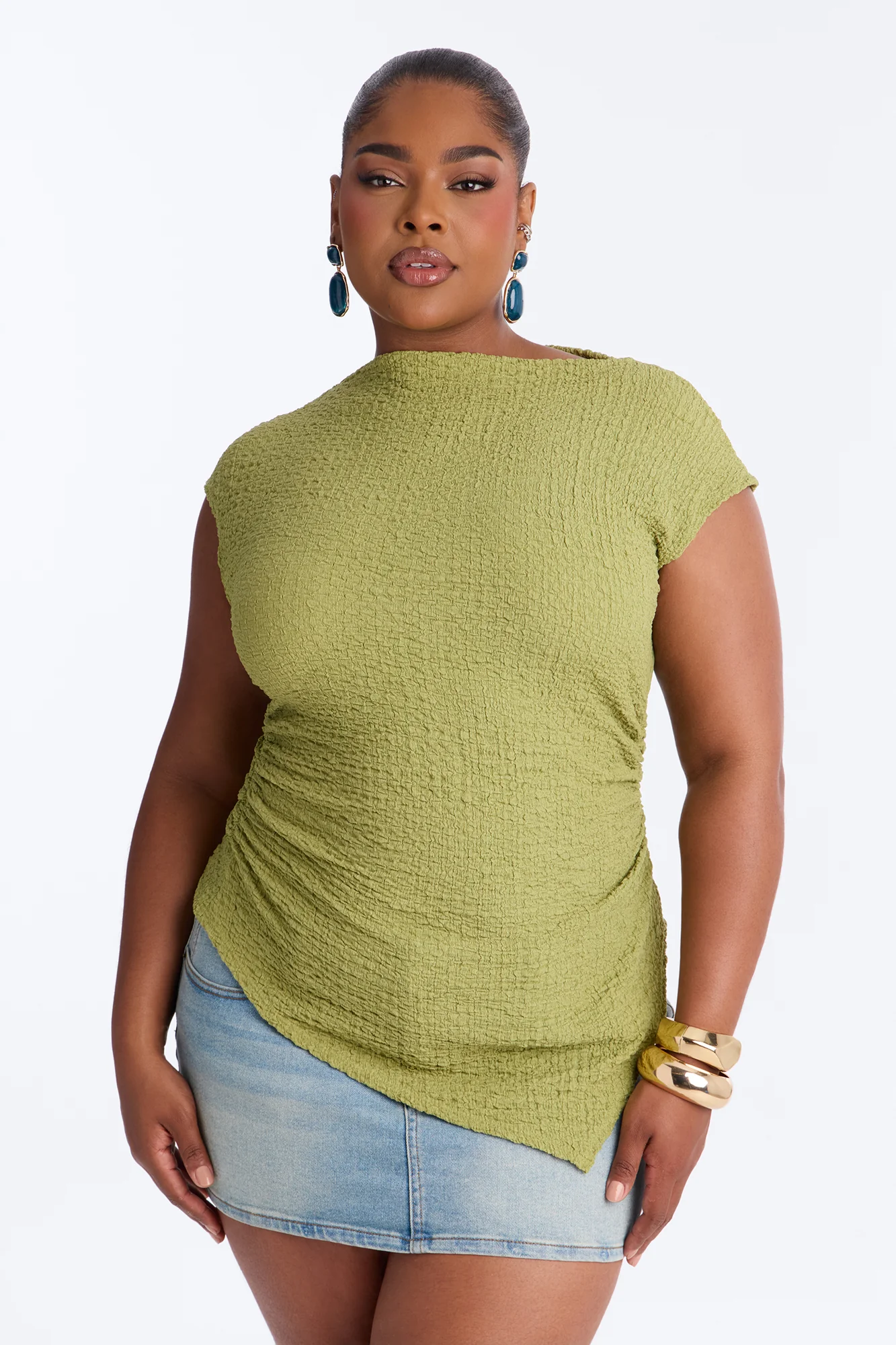 Isla Textured Mock Neck Asymmetrical Short Sleeve Top - Sage - Image 5