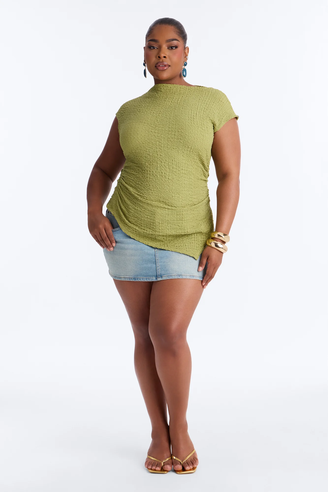 Isla Textured Mock Neck Asymmetrical Short Sleeve Top - Sage - Image 6