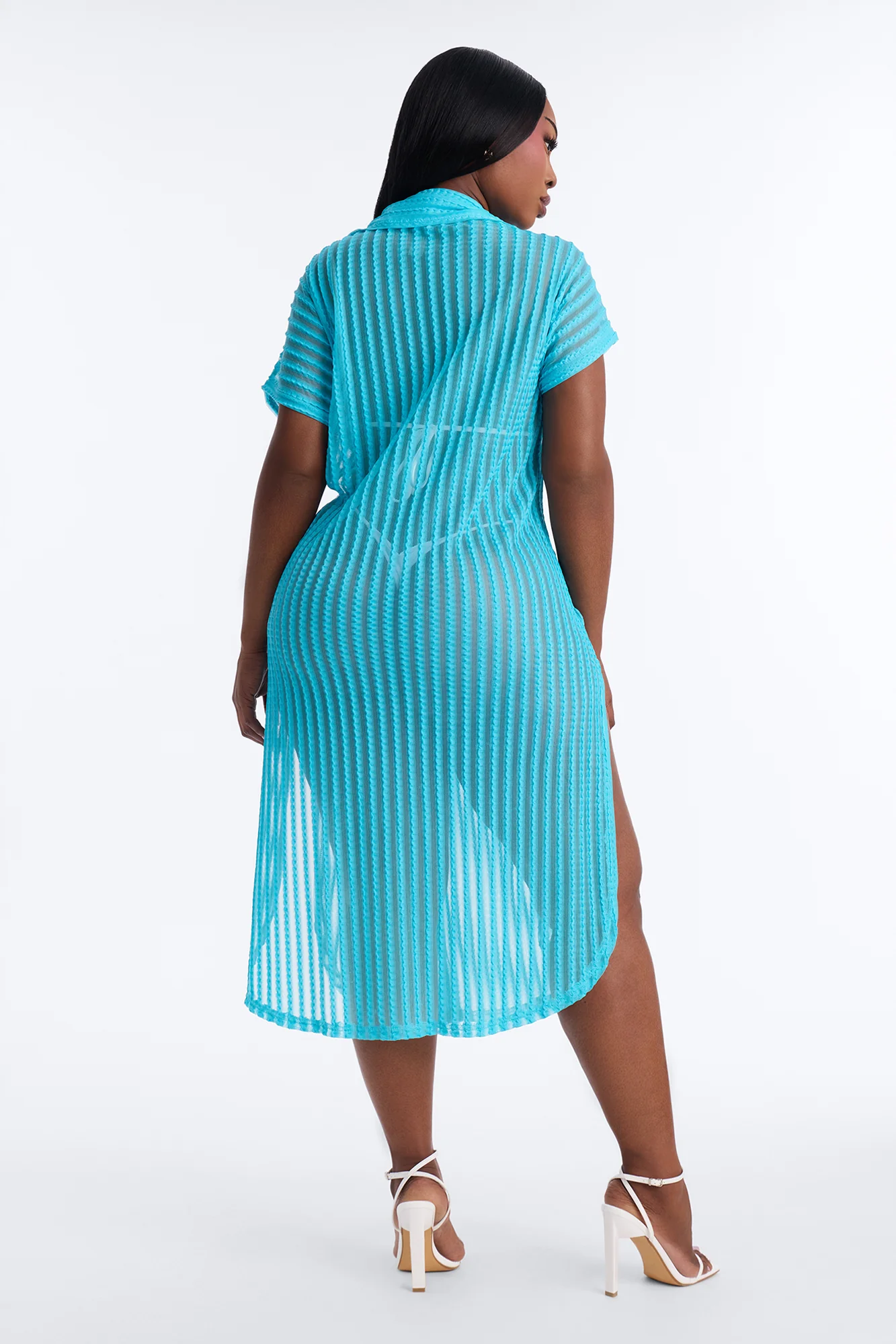 Island Breeze Mesh Midi Button Up Cover Up - Turquoise - Image 3