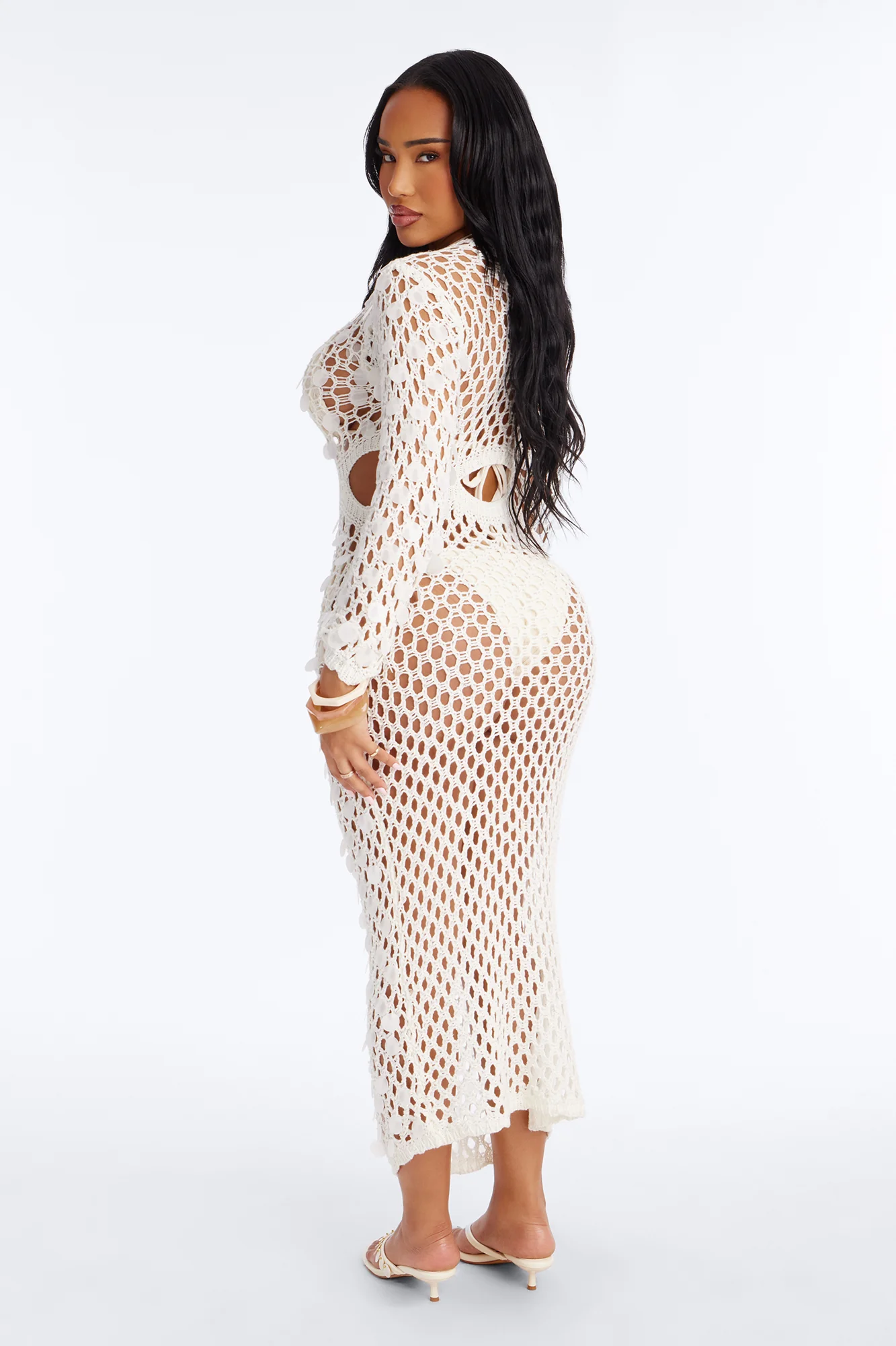 Island Breeze Sequin Fishnet Swim Cover Up Maxi Dress - White - Image 3