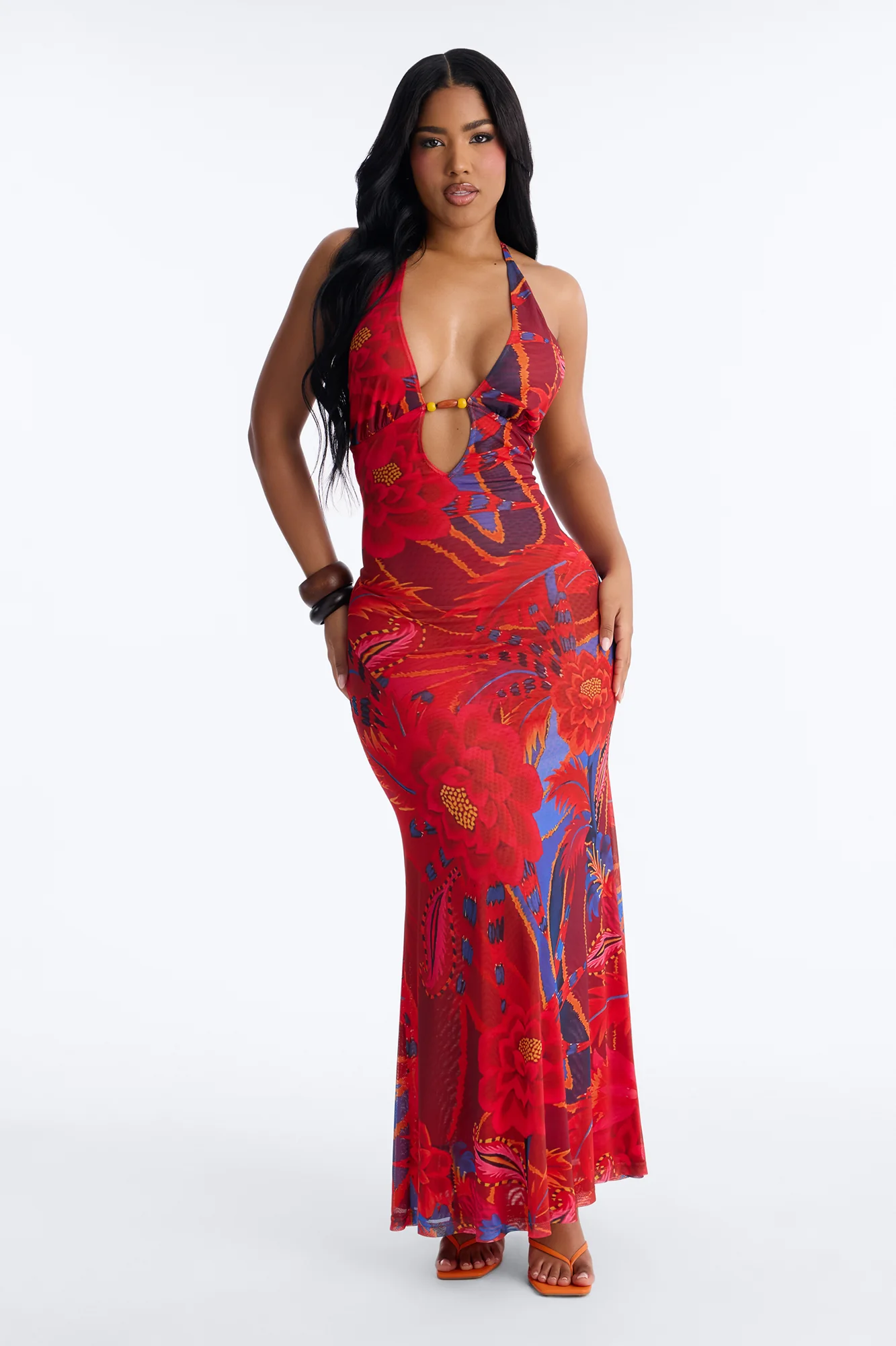 Island Diva Backless Mesh Maxi Dress - Red/combo