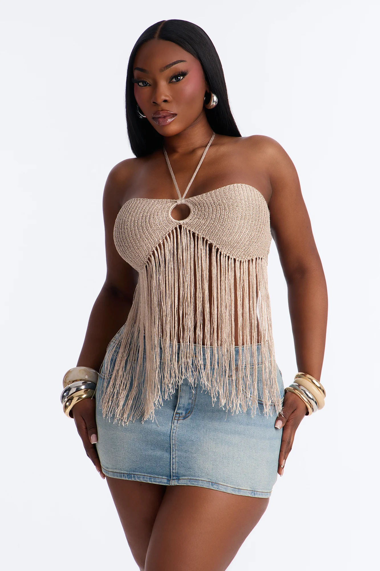 Island Dream Metallic Fringe Crochet Halter Top - Taupe - Image 5