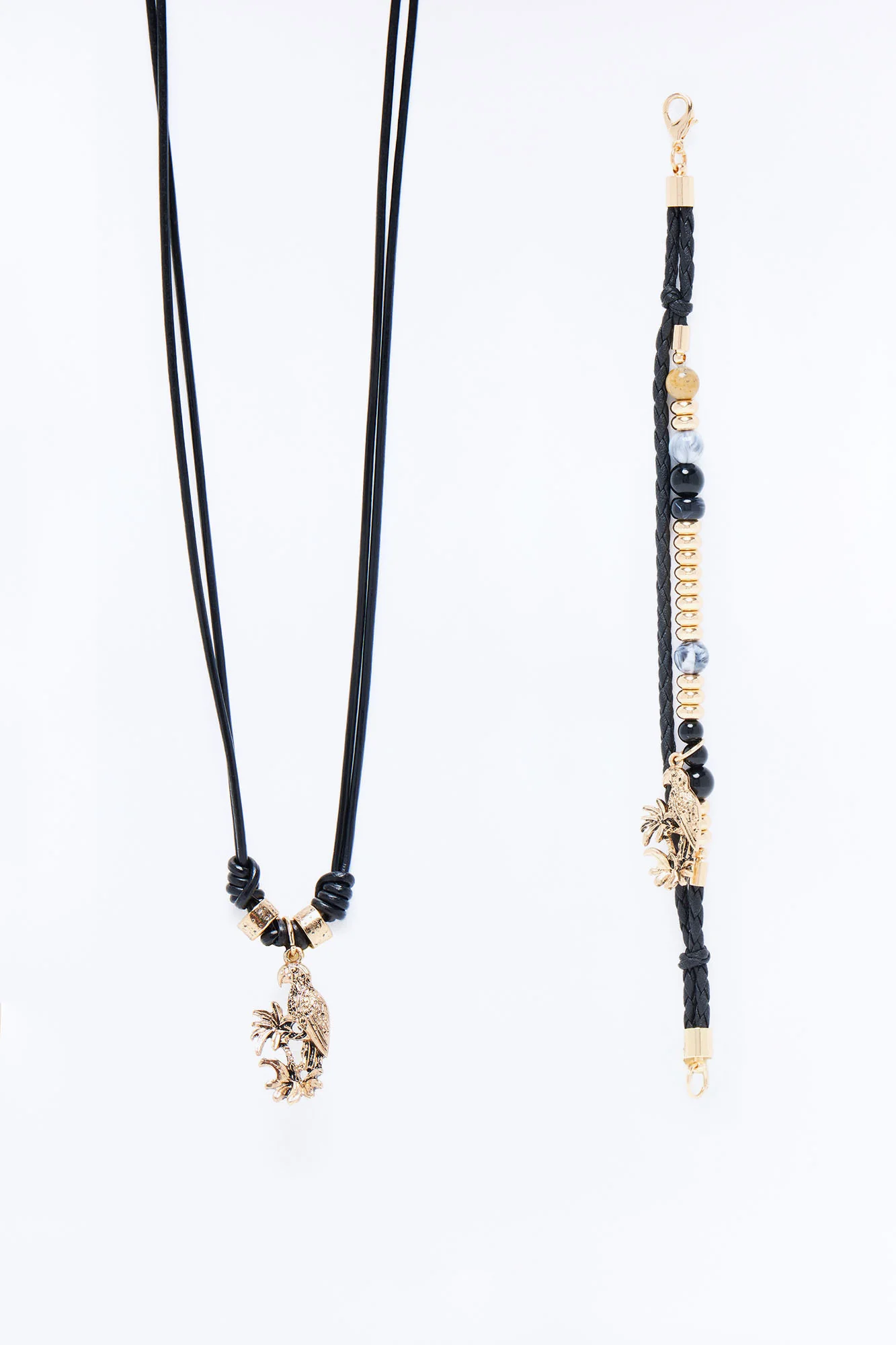 Island Faux Leather Cording Necklace And Bracelet Set - Grey/Gold - Image 3