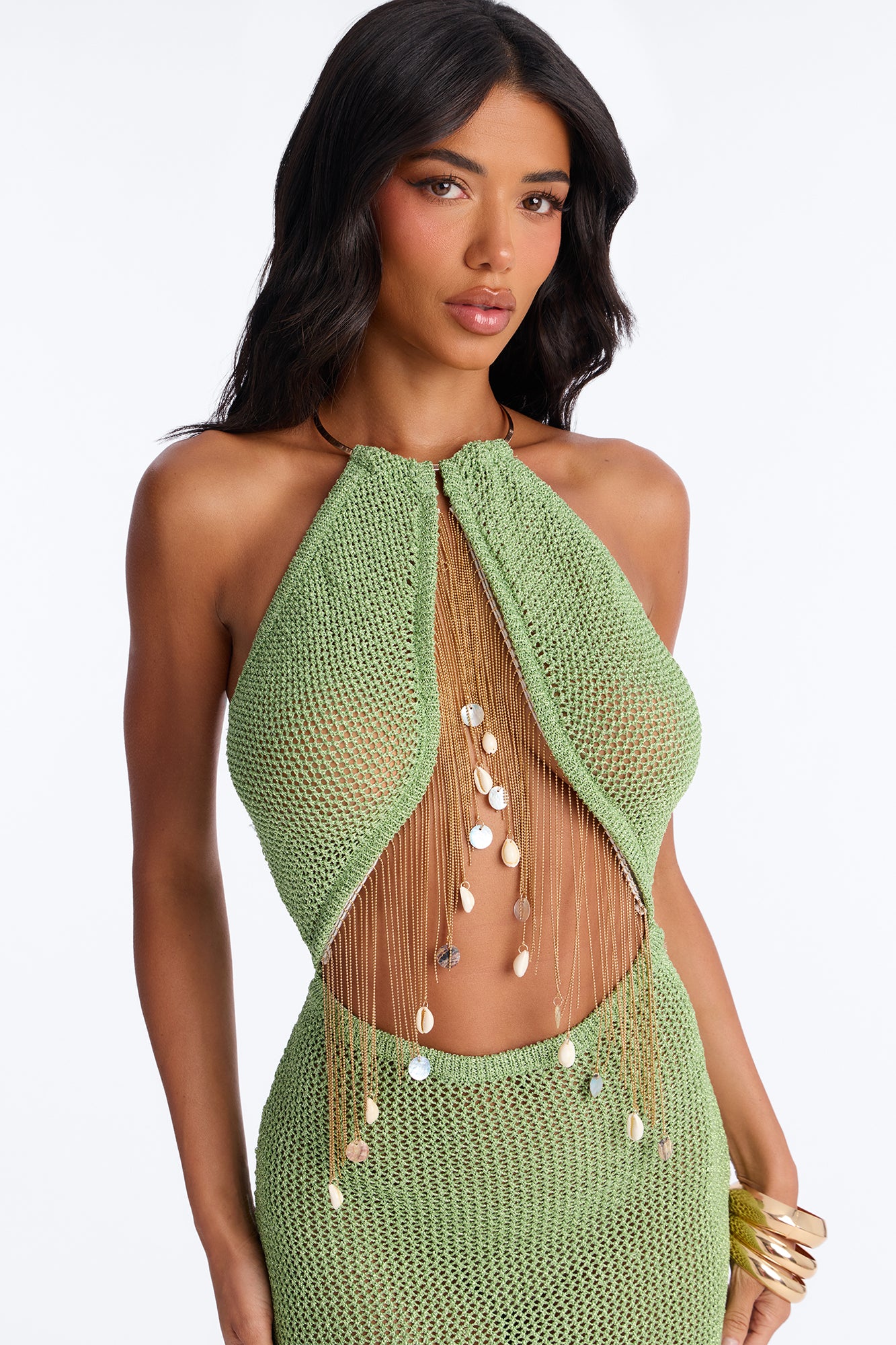 Island Heat Fringe Metallic Crochet Maxi Dress - Green - Image 2