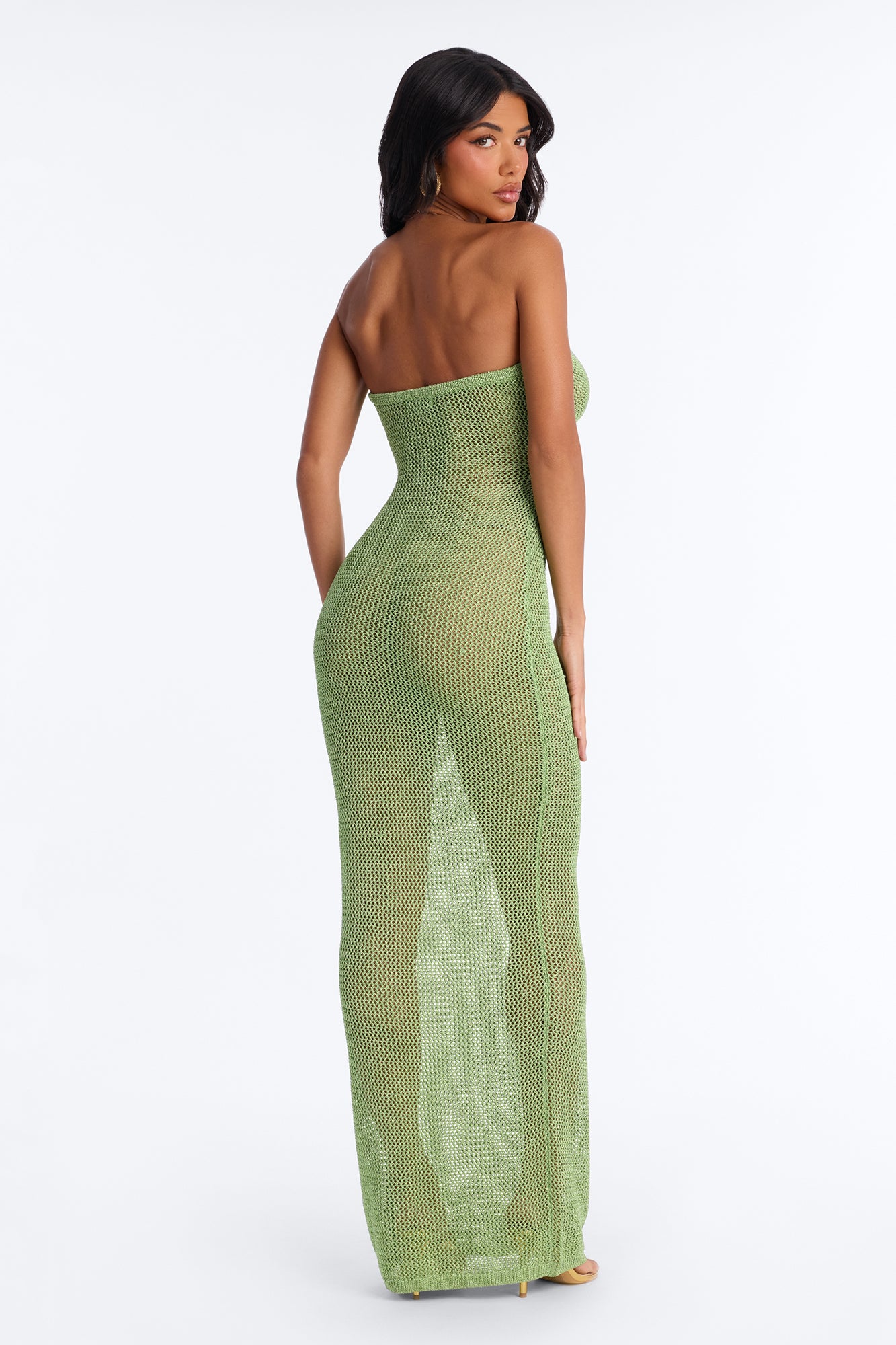 Island Heat Fringe Metallic Crochet Maxi Dress - Green - Image 4