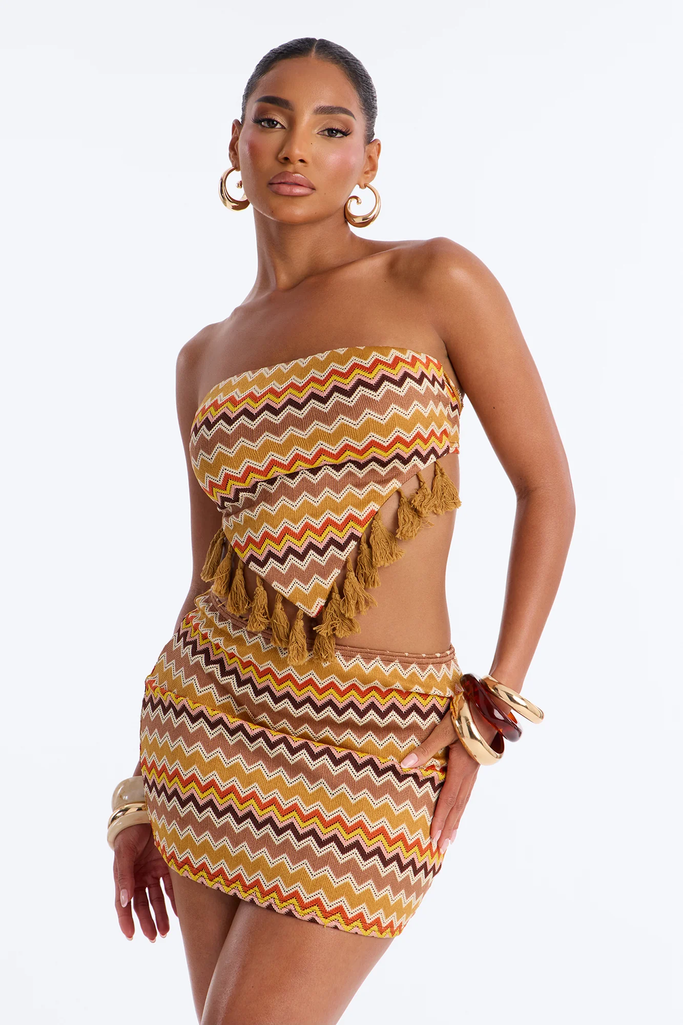Island Hour Strapless Crochet Skirt Set - Brown/combo