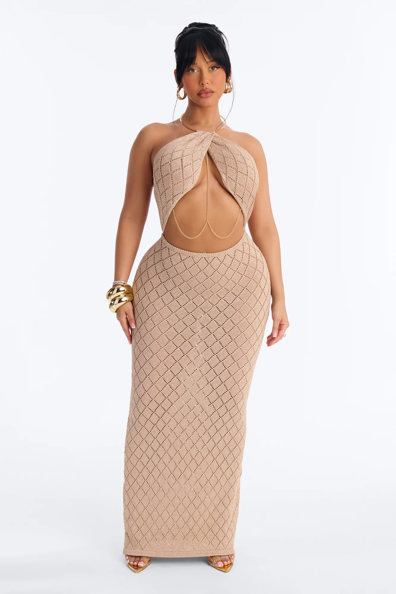 Island It Girl Metallic Crochet Maxi Dress - Taupe