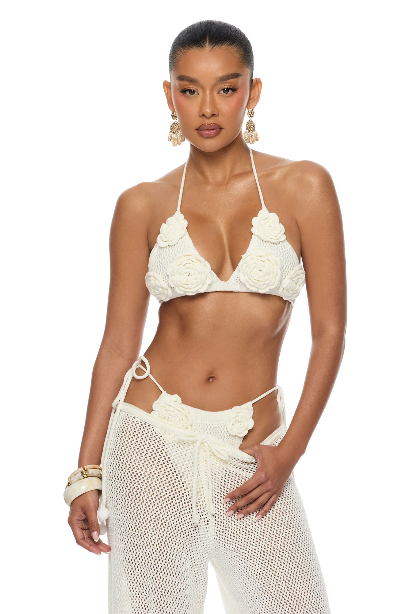 Island Living Floral Applique 3 Piece Crochet Sunsuit Set - Ivory - Image 2