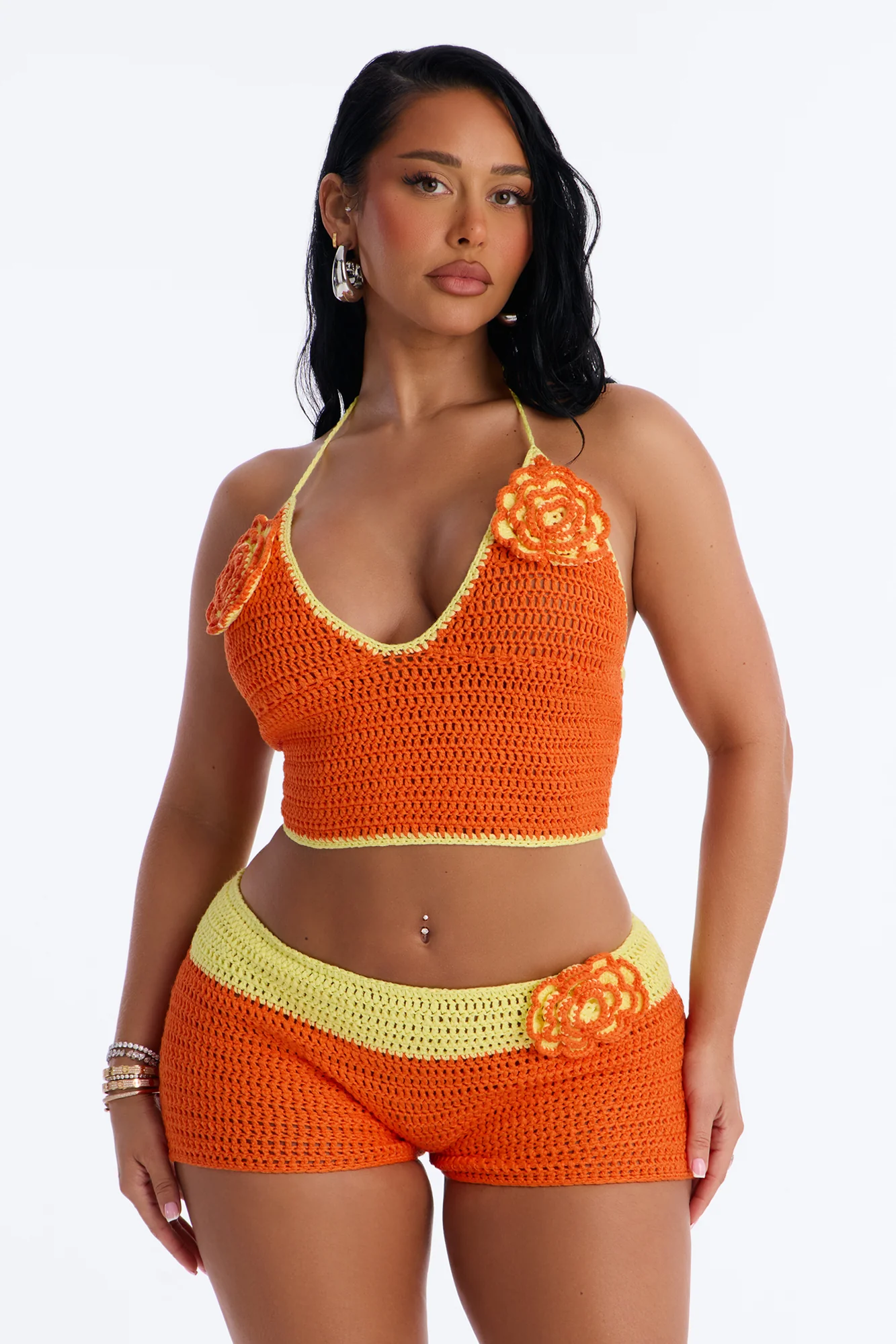 Island Petals Crochet Short Set - Orange/combo