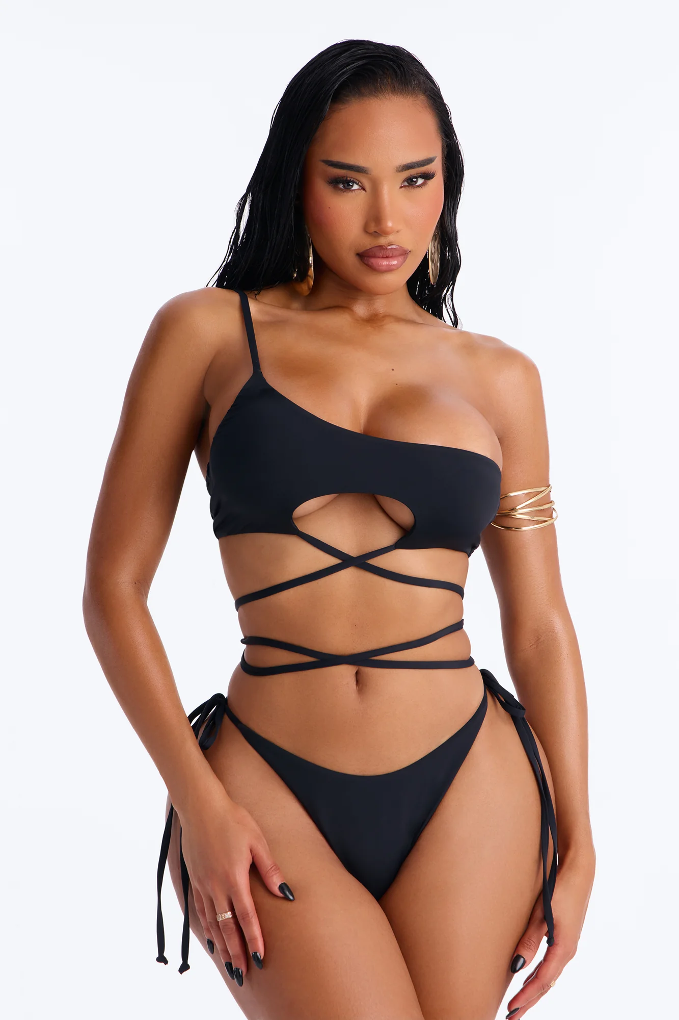 Island Retreat 2 Piece Strappy One Shoulder Bikini Set - Black