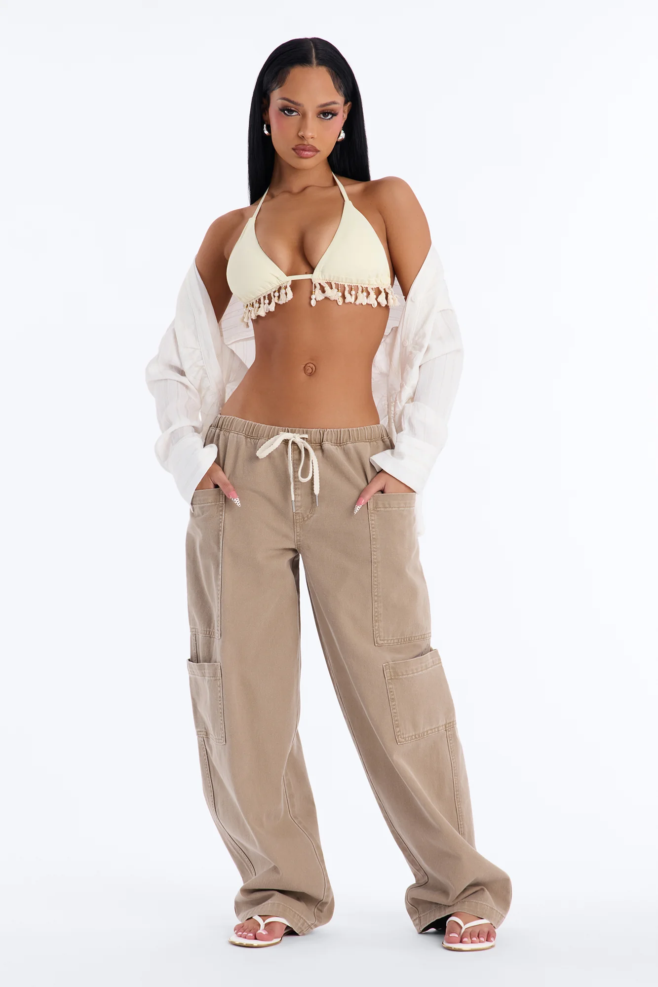 Island Time Tie Waist Jeans - Khaki