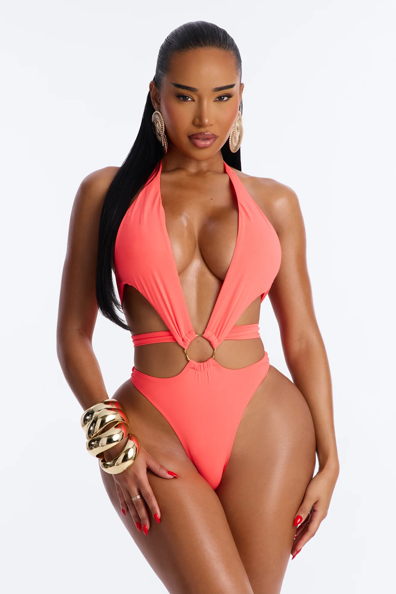 It Girl Summer 1 Piece Plunge Neck Strappy Swimsuit - Coral