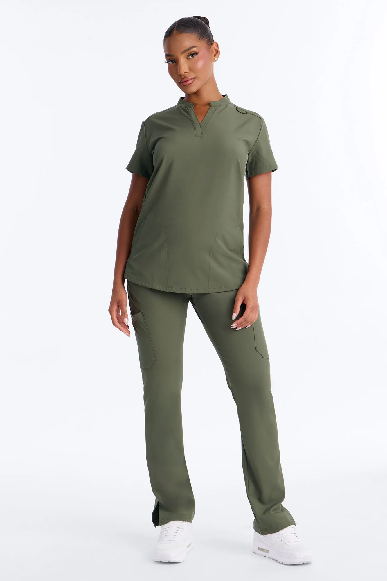It's Go Time Collared Open Leg Uniform Scrub Set - Olive