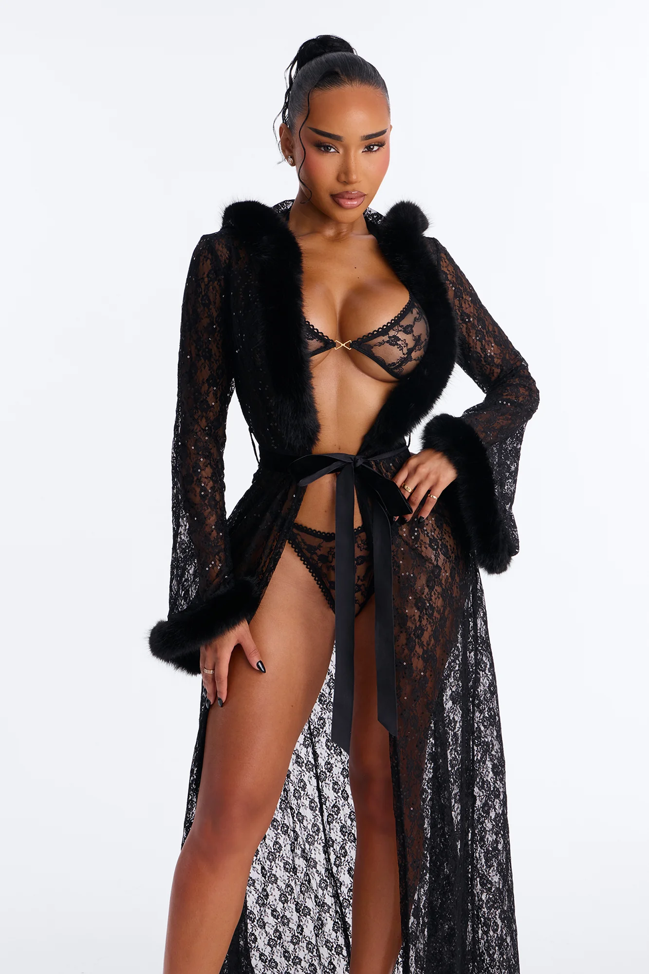Ivy Hooded Embellished Stretch Lace Robe - Black - Image 2