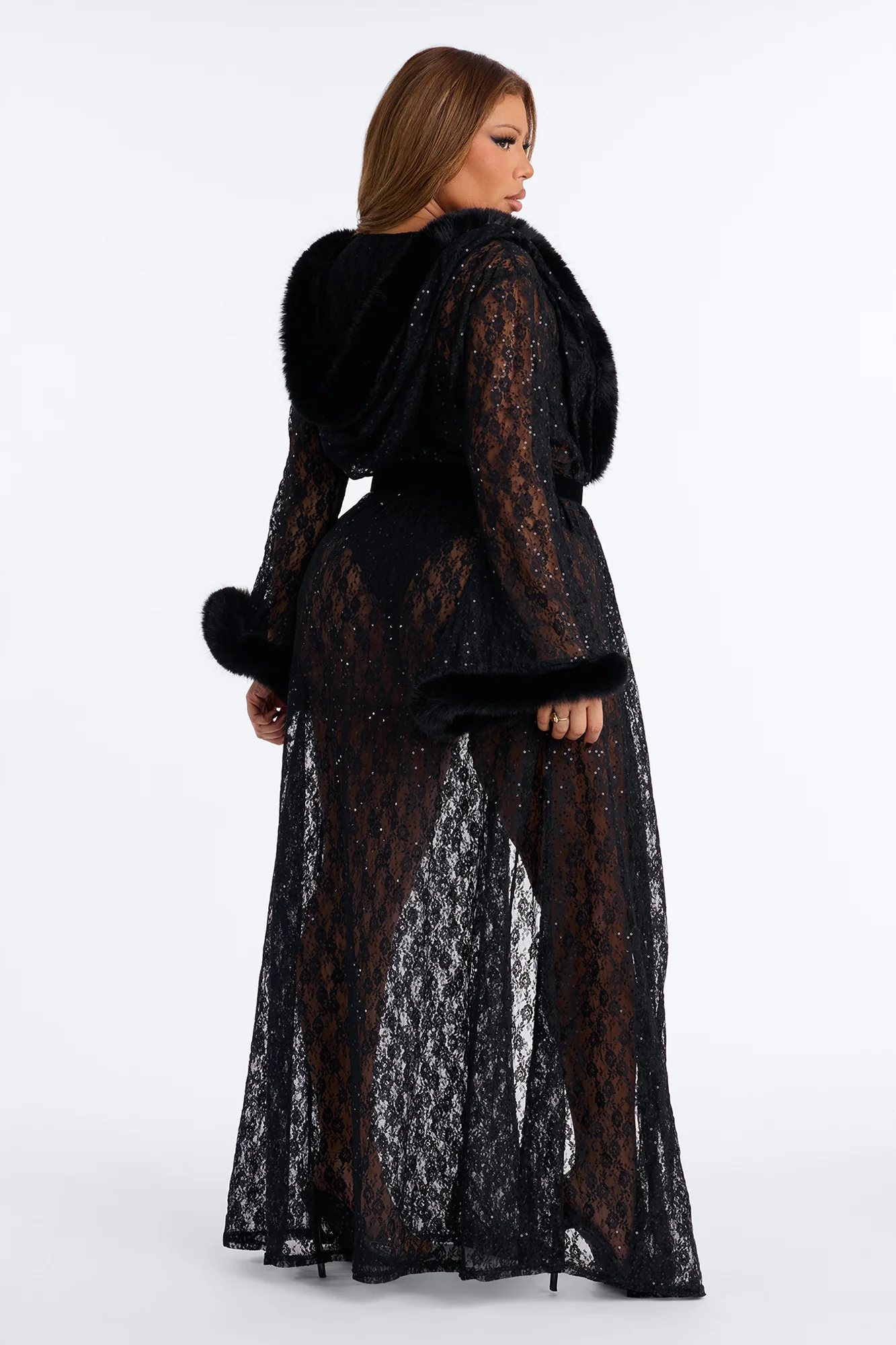 Ivy Hooded Embellished Stretch Lace Robe - Black - Image 8