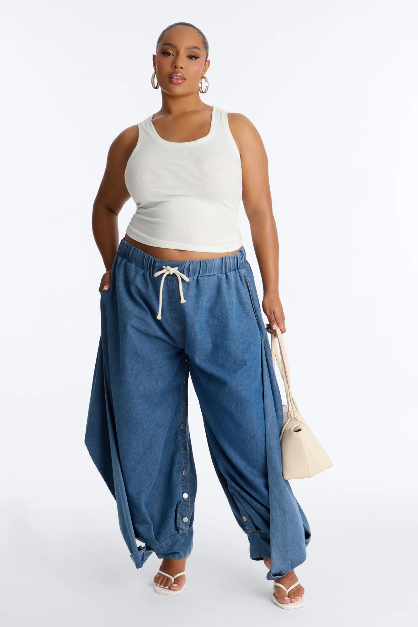 Ivy Tie Waist Balloon Leg Button Seam Pant - Medium Wash - Image 6