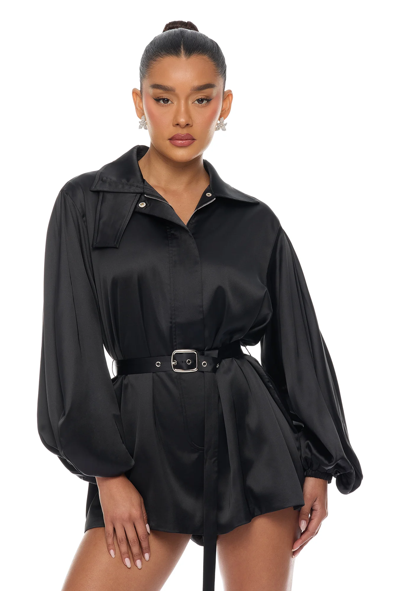 Izabel Balloon Sleeve Satin Romper - Black - Image 2