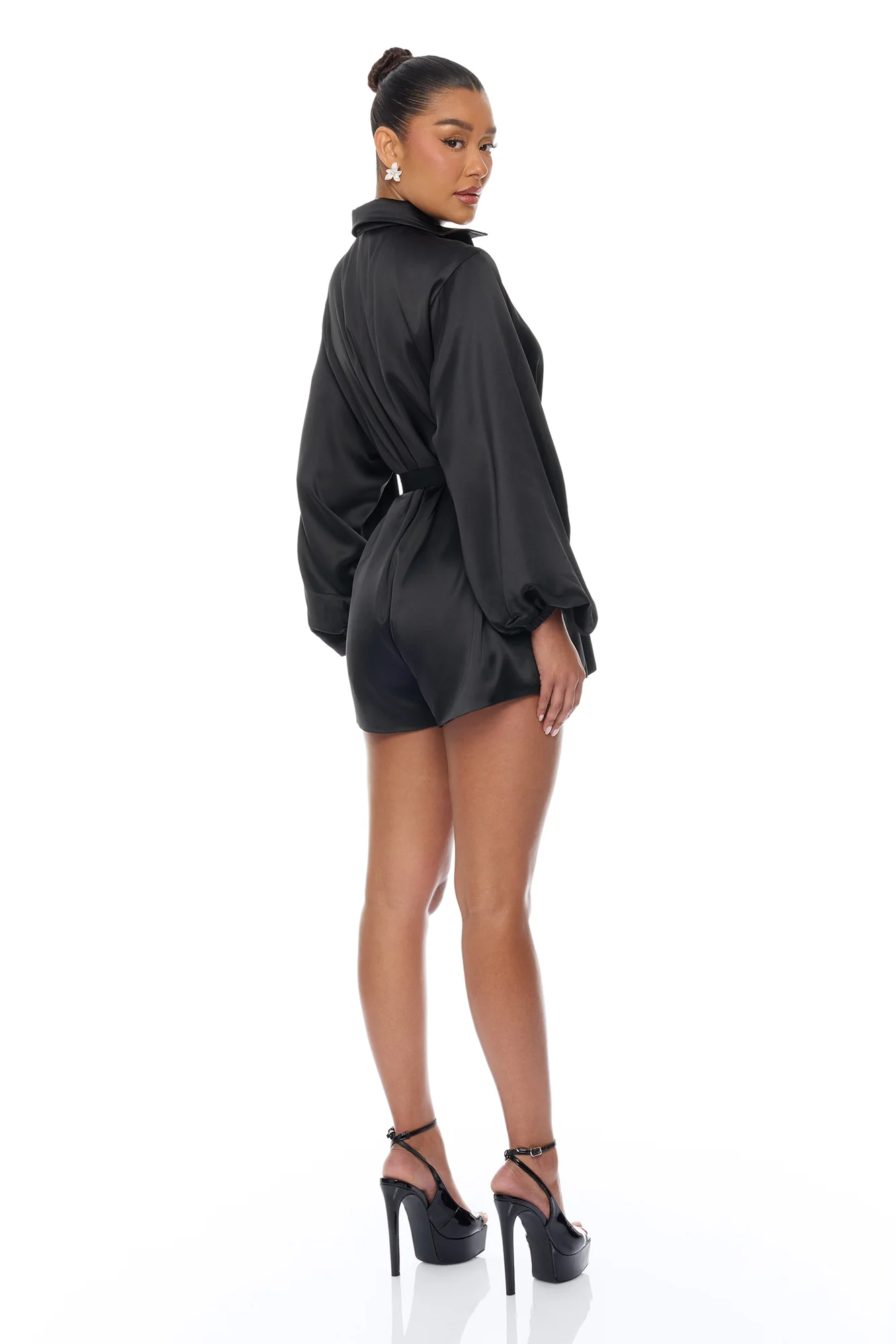 Izabel Balloon Sleeve Satin Romper - Black - Image 4